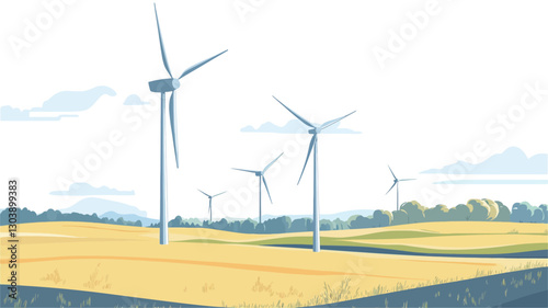 A stylized illustration depicts several wind turbines situated in a gently rolling field of yellow-gold grass. The sky is light blue with subtle cloud formations. The style is painterly,