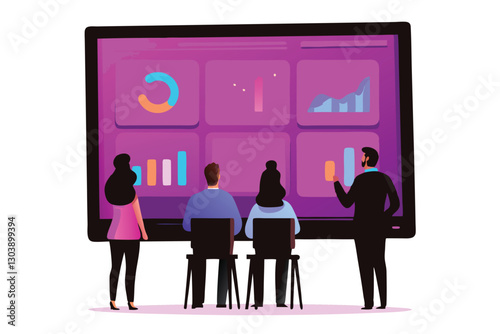 Diverse business team collaborates, using digital dashboards to analyze data and monitor key performance indicators (KPIs).  Visualize success and strategic planning.