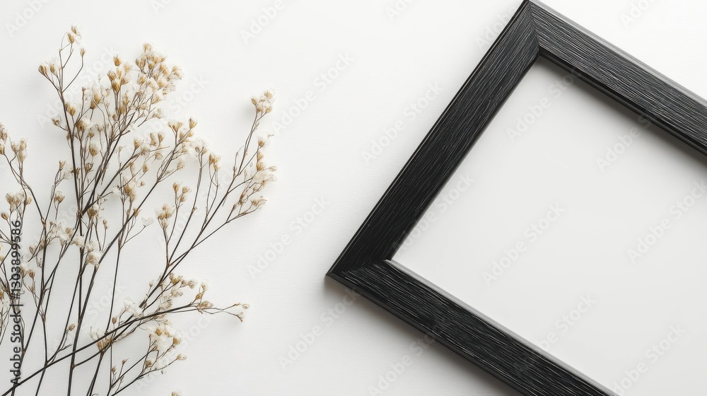 Fototapeta premium A black picture frame with dried flowers on a white surface