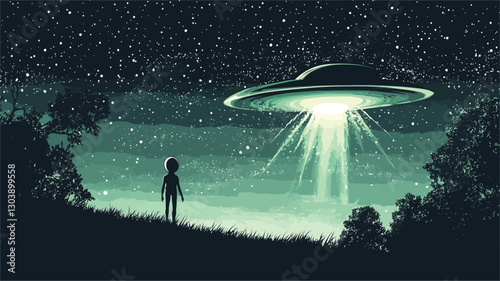 A digital illustration depicting a nighttime landscape. A silhouetted figure stands in a grassy field, observing a UFO hovering above. The UFO emits a bright green beam of light towards the