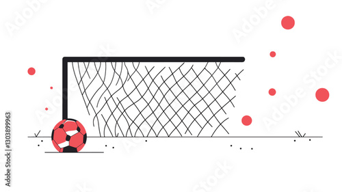 A minimalist vector illustration depicting a soccer goal with a broken net. A soccer ball rests against the damaged net.  The style is simple line art with red and black elements against a