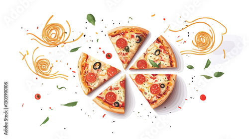 Overhead close-up shot of five pizza slices arranged in a circular pattern on a white background.  The pizza slices show pepperoni, cheese, and olives.  Around the pizza are strands of