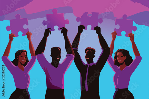 Create a vibrant vector illustration depicting a diverse business team collaborating effectively, showcasing synergy and innovative problem-solving.  Include modern design elements.