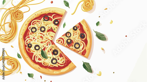 High-angle, close-up view of a pizza topped with cheese, tomato sauce, and black olives.  Strands of spaghetti are arranged around the pizza, along with fresh basil leaves. Two slices of