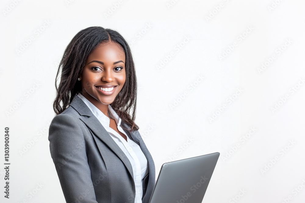 Portrait of successful Latina black female businesswoman model standing and smiling while holding open laptop. Isolated on white studio background. Copy space. Portrait of successful Latina black female businesswoman model standing and smiling while holding open laptop. Isolated on white studio background. Copy space.