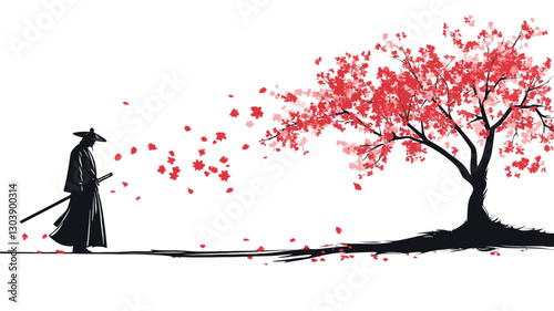 The image is a minimalist digital illustration featuring a stylized silhouette of a samurai in traditional attire, walking towards a stylized cherry blossom tree. The tree is depicted with