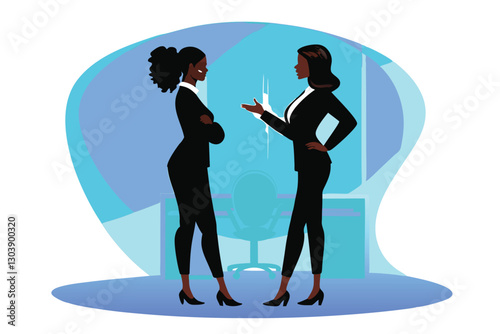 Create a vector illustration of two confident businesswomen collaborating, showcasing modern attire and diverse ethnicities.  Include subtle details suggesting professionalism and success.