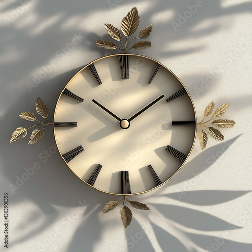 Elegant wall clock with leaf accents, featuring minimalist design and crisp edges. Perfect for modern decor, it adds touch of sophistication to any space