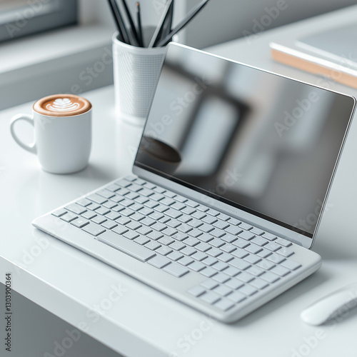 modern workspace featuring sleek laptop, coffee cup, and minimalist design. clean lines and soft colors create calm and productive atmosphere