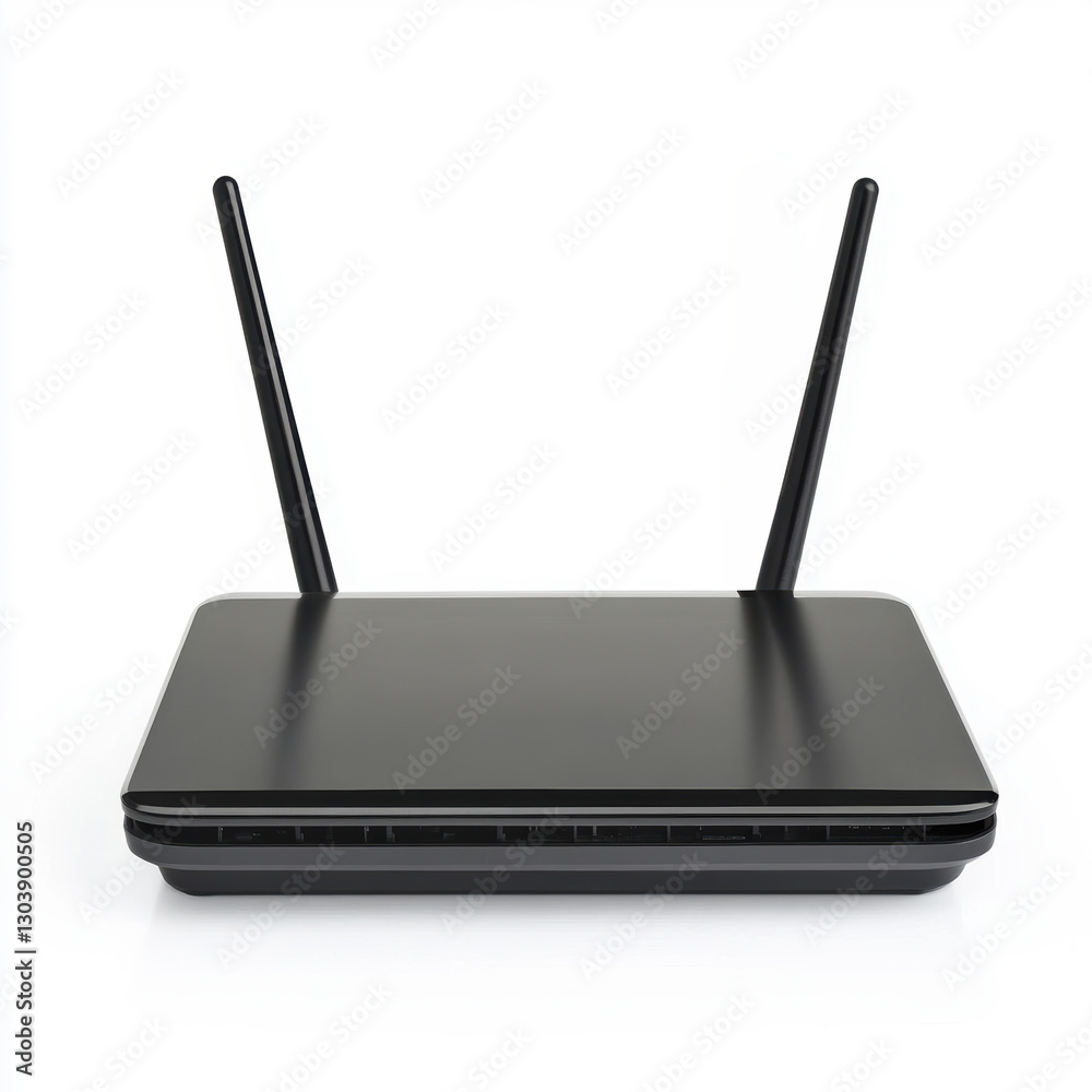 Modern black wireless router with dual antennas for home or office network connectivity Modern black wireless router with dual antennas for home or office network connectivity