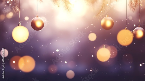 Elegant golden christmas ornaments with soft bokeh lights and snowfall backdrop photo