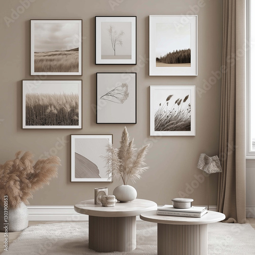 stylish living room featuring gallery wall of framed artwork in neutral tones, complemented by modern coffee table and decorative plants, creating serene atmosphere