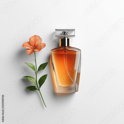 Elegant perfume bottle with floral accent, showcasing warm amber tones and delicate flower. Perfect for beauty and fragrance themes