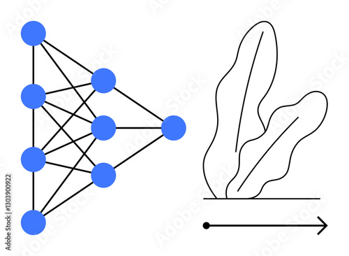 Conceptual neural network with interconnected nodes, linked to a plant and arrow suggesting progress. Ideal for technology, AI, growth, connection, innovation, learning or development. Flat simple