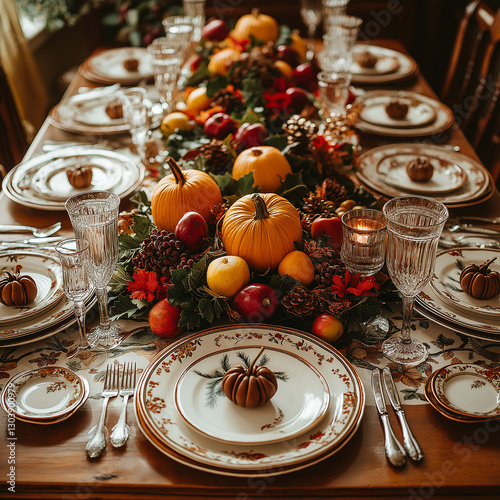 beautifully arranged Thanksgiving table featuring pumpkins, apples, and elegant glassware, creating warm and inviting atmosphere for festive gathering