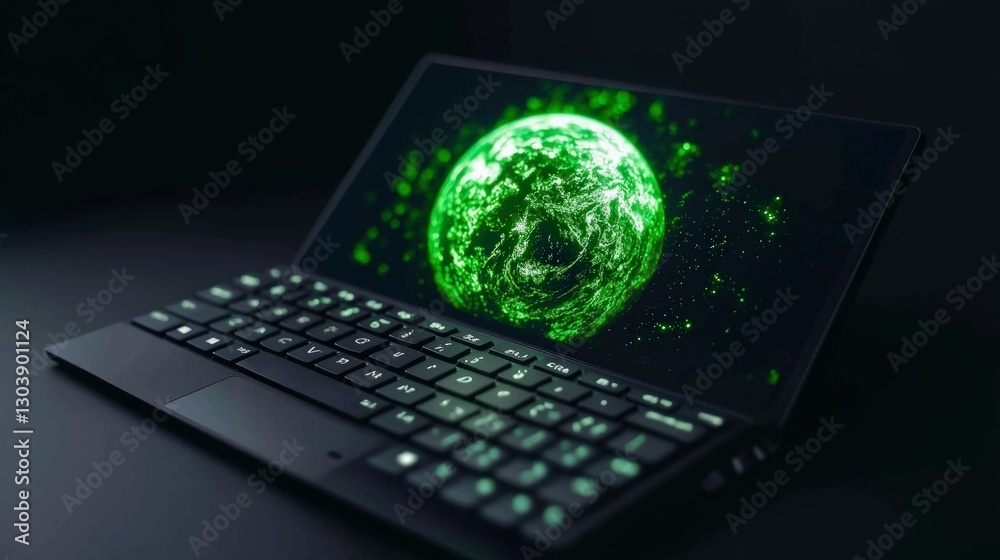 Sustainable Tech Green Globe on Laptop Display Sustainable Tech Green Globe on Laptop Display
