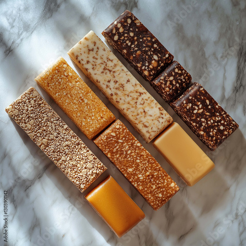 Delicious variety of nut bars arranged on marble surface, showcasing different textures and colors. sunlight highlights crisp edges and details of each bar, creating inviting display
