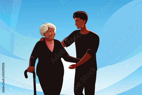 Create a heartwarming vector illustration depicting elderly people mutually supporting each other, showcasing companionship and mutual care.