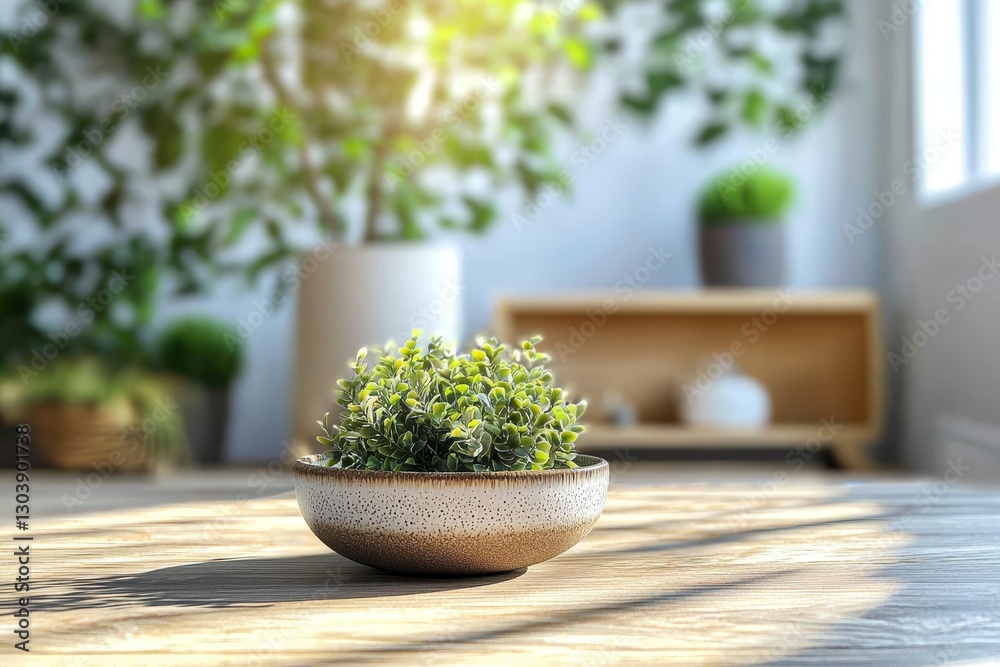 Serene Green Plant in Decorative Bowl on Wooden Table Sunny Interior Decor Serene Green Plant in Decorative Bowl on Wooden Table Sunny Interior Decor