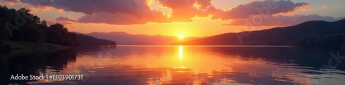 Golden sunrise paints lake, sky ablaze with color, nature, breathtaking