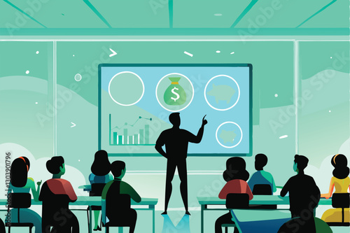 Illustrate a diverse group of teenagers actively engaged in a fun, interactive financial literacy workshop. Show them learning about budgeting, saving, investing, and responsible spending.
