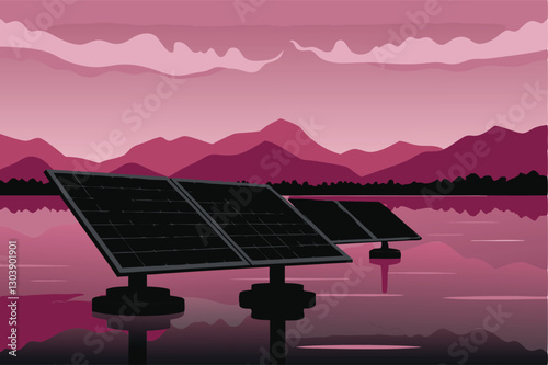 Create a vector illustration of a serene, calm lake with a large, expansive floating solar farm, showcasing the panels reflecting sunlight.