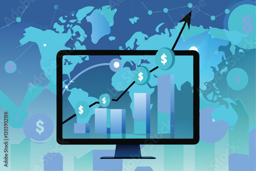 Illustrate global economic growth visually using abstract digital elements, emphasizing interconnectedness and upward trends.  Show data flow, network nodes, and positive growth indicators.