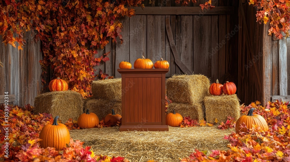 Obraz premium Autumnal Barn Scene with Pumpkins and Hay Bales