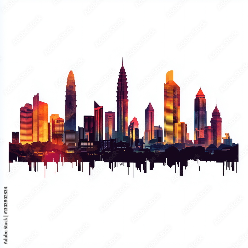 Fototapeta premium A city skyline illustration with a watercolor effect that makes the buildings appear to be bathed in sunset light.