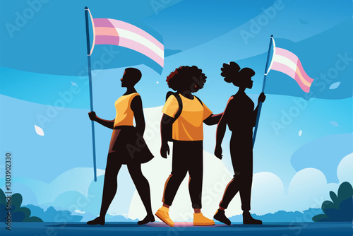 Create a vibrant vector illustration depicting a diverse group of non-binary individuals expressing joy and solidarity.  Focus on diverse body types, styles, and expressions.