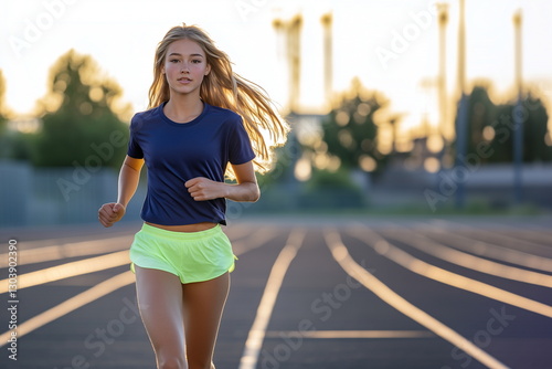 A beautiful teenage girl running on an outdoor running track with her long hair flowing. She is a running athlete or a sportswear model. 