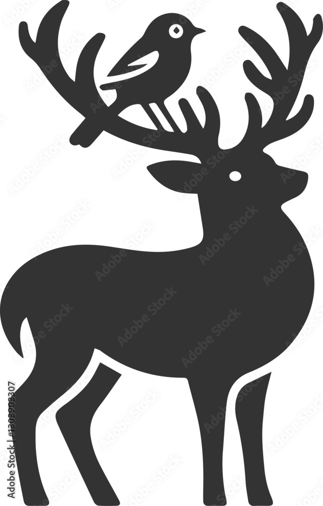 Fototapeta premium A deer with a small bird perched on its antlers animal vector silhouette