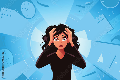 Create a vector illustration of a stressed, attractive businesswoman experiencing a panic attack.  Depict her with visible anxiety symptoms.