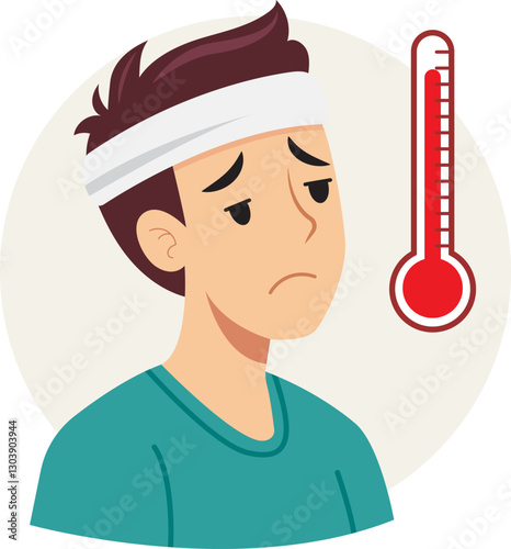 Illustration of a sick man who looks exhausted and has a high fever, with a red thermometer icon next to him.