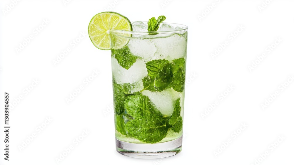 refreshing mojito cocktail with mint leaves, lime slice, and ice cubes in clear glass refreshing mojito cocktail with mint leaves, lime slice, and ice cubes in clear glass