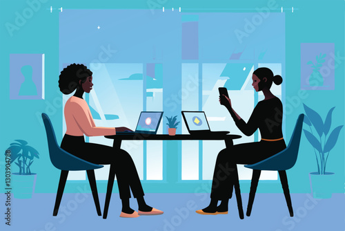 Two young, diverse entrepreneurs brainstorm a tech startup, animatedly discussing a business plan over coffee in a modern co-working space.