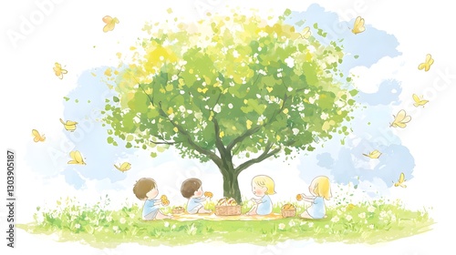 Happy Children s Picnic Under a Lush Green Tree with Butterflies