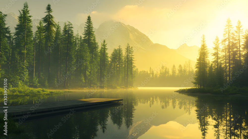 Fototapeta premium Golden Lake Sunset Reflection: Tranquility and Serenity Captured in Nature's Embrace