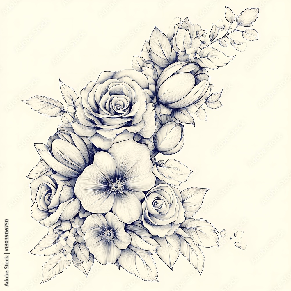 Fototapeta premium Elegant Floral Bouquet Pencil Sketch Drawing Art
