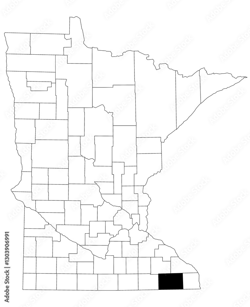 Map of Fillmore County in Minnesota state on white background. single County map highlighted by black colour on Minnesota map. UNITED STATES, US Map of Fillmore County in Minnesota state on white background. single County map highlighted by black colour on Minnesota map. UNITED STATES, US