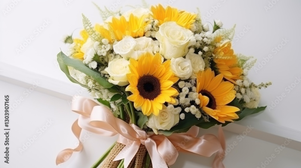 Naklejka premium Elegant Wedding Bouquet with Sunflowers, Roses, and Delicate White Flowers