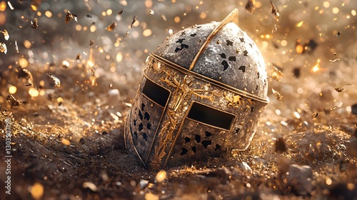 Medieval Knight Helmet in Battle Aftermath History War Armor Ancient Combat Ground Metal Gold photo