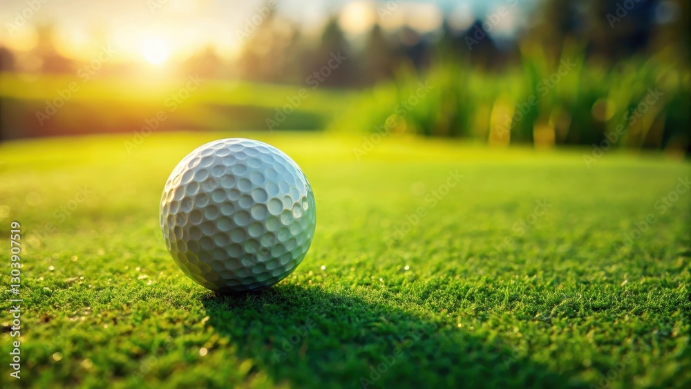 Obraz premium A golf ball gently resting on a lush green grass surface, with subtle ripples and texture , golf course