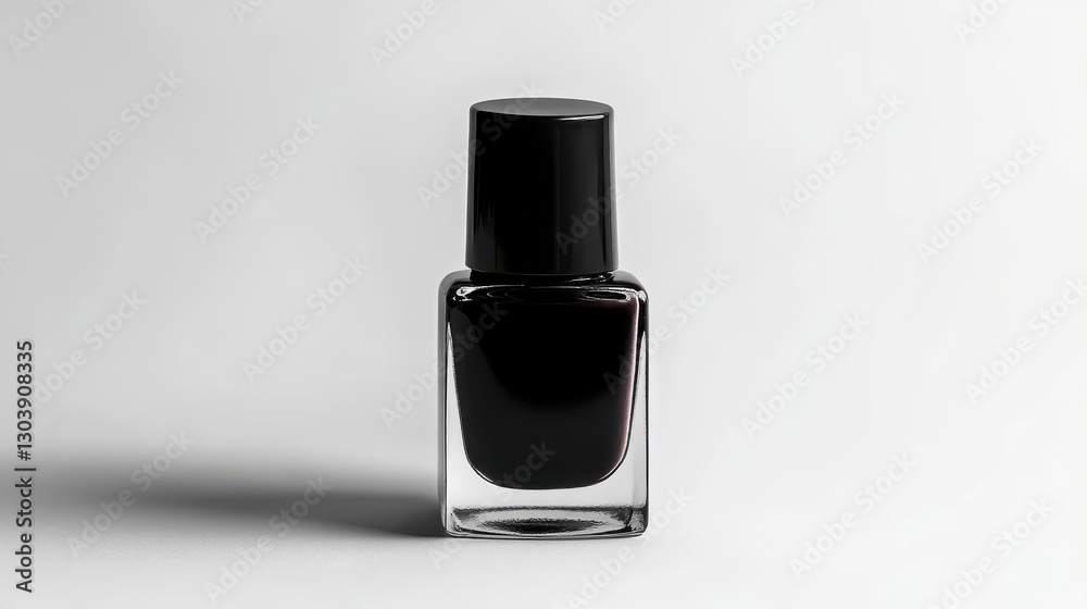 A bottle of black nail polish is sitting on a surface A bottle of black nail polish is sitting on a surface
