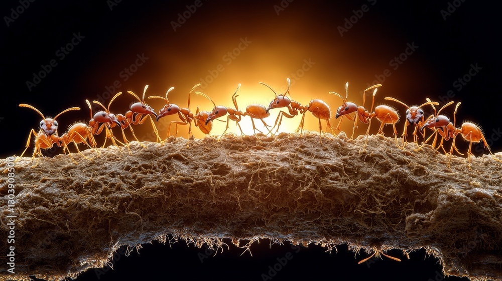 Fototapeta premium Ants marching across a leaf nature close-up vibrant sunset macro photography insects in action