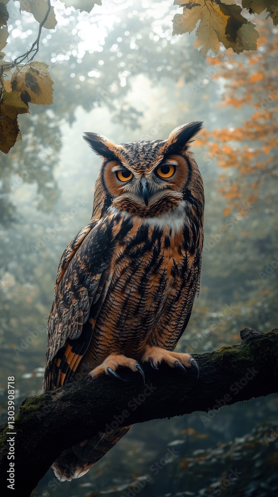 Obraz premium A majestic owl perches on a branch, surrounded by a misty forest backdrop, showcasing its striking plumage and intense gaze.