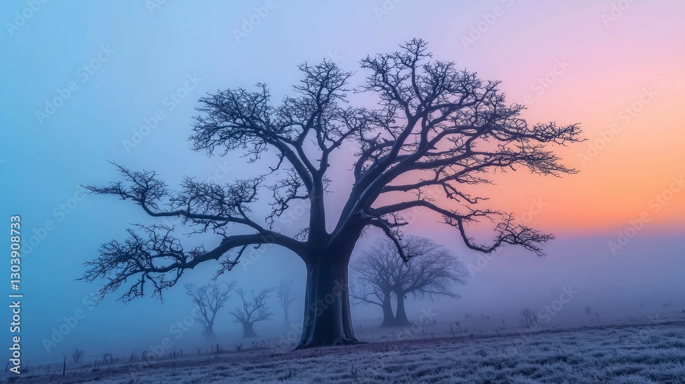 Majestic Baobab Trees at Sunrise Misty African Savanna Majestic Baobab Trees at Sunrise Misty African Savanna