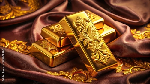Luxurious gold bullion bars on velvet, gold, ornate,  gold, ornate, rich,luxury, wealth, high-end
