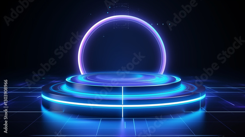 Abstract podium technology interface hologram elements neon lights, circle percent vitality innovation on hi tech future design