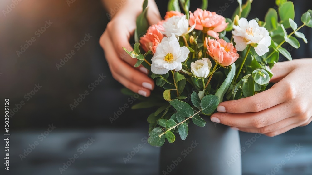 Mindful living and peace concept. A person arranging a bouquet of colorful flowers in a modern vase. Mindful living and peace concept. A person arranging a bouquet of colorful flowers in a modern vase.